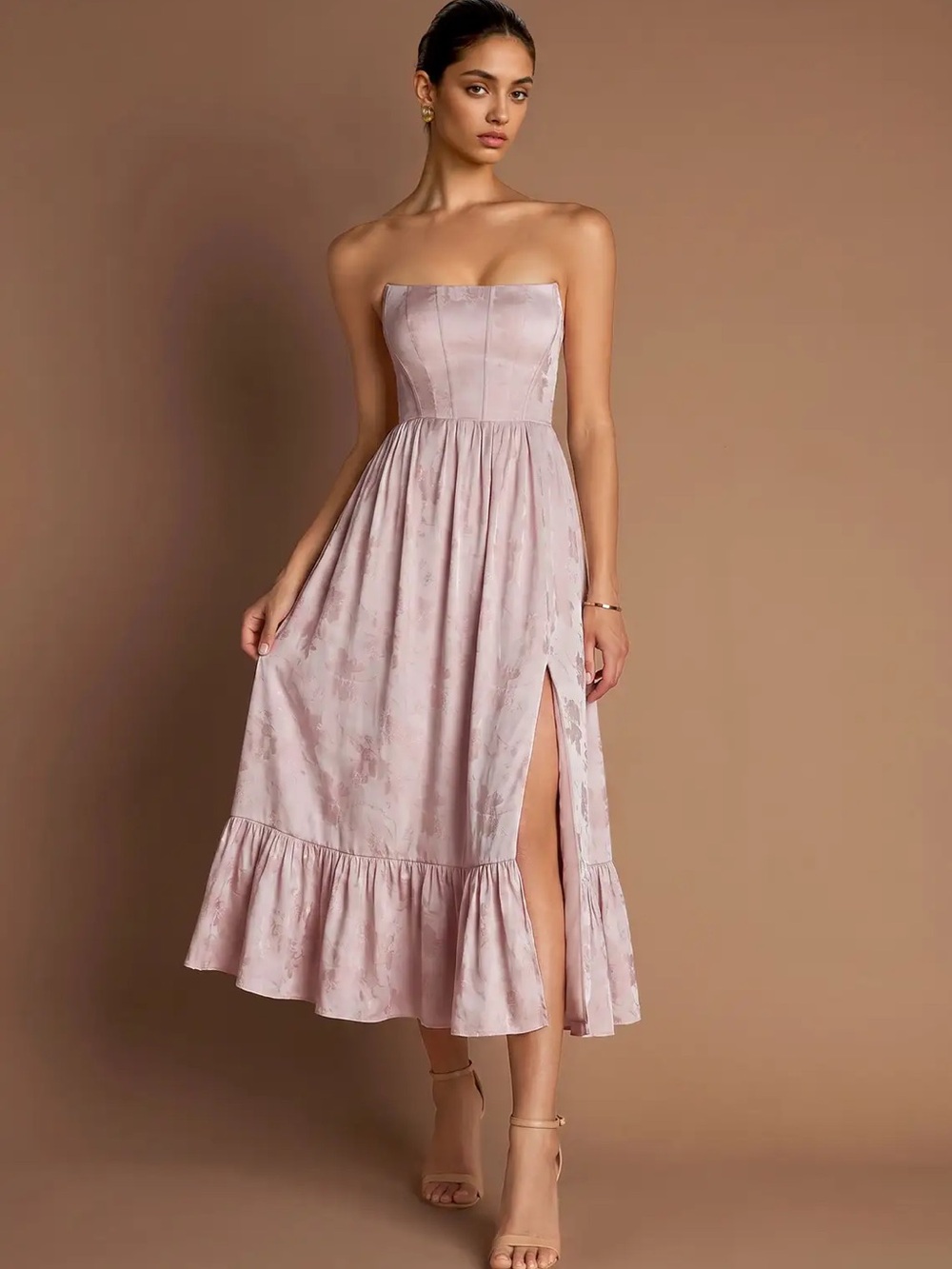 Azazie Strapless Dusty Pink Midi Dress with Side Slit and Ruffled Hem